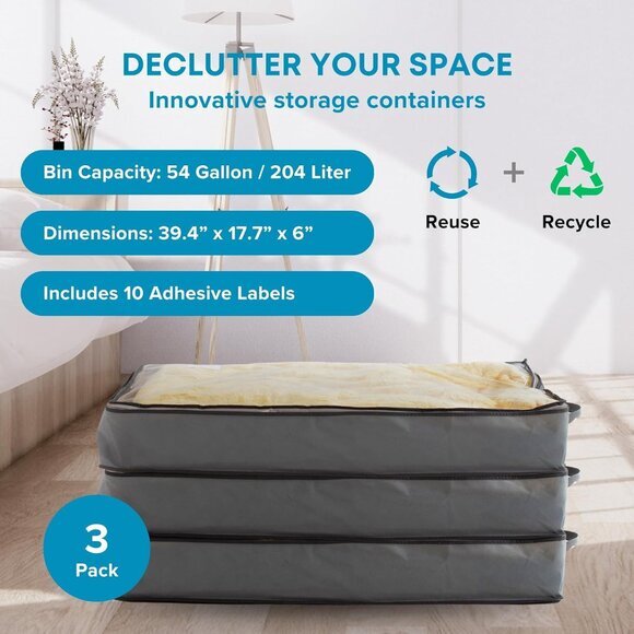 SmartCube Under Bed Storage‎ Bags - 3 Pack Large 39" x 18" x 6" Gray Container - Picture 2 of 8